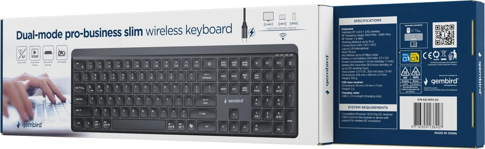 Gembird KB-WPS-03 Dual-mode pro-business slim Belaidė klaviatūra, 2.4G+BT, US išdėstymas