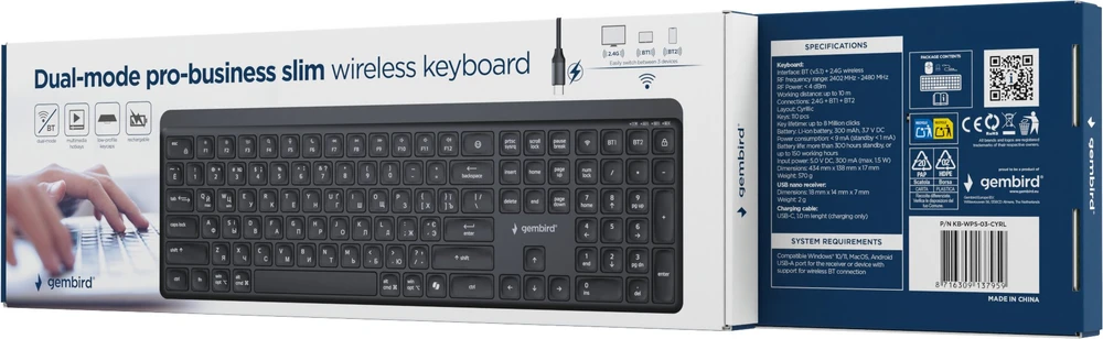 Gembird KB-WPS-03-CYRL Dual-mode pro-business slim Belaidė klaviatūra, 2.4G+BT, RU išdėstymas
