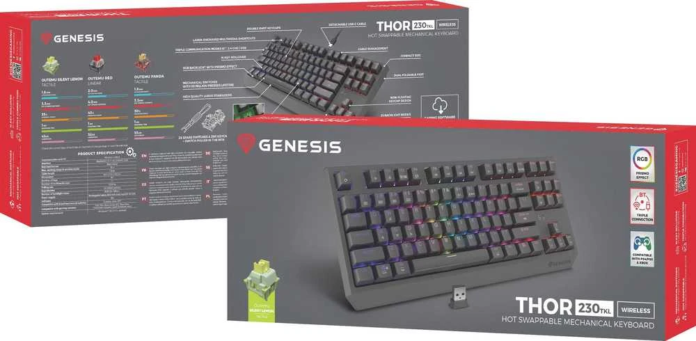 Genesis | THOR 230 | Mechaninė klaviatūra žaidimams | Wireless | US | Outemu Silent Lemon | Juodas