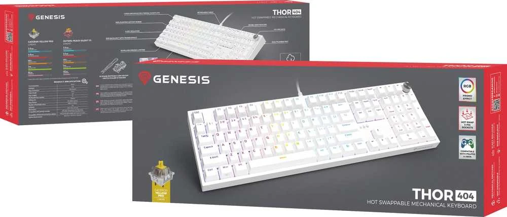 Klaviatūra žaidimams Genesis Thor 404 Gateron Geltona Pro su laidu mechaninė su pašvietimu balta