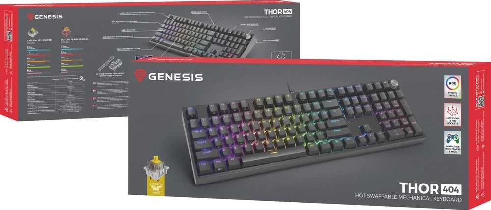 Klaviatūra žaidimams Genesis Thor 404 Gateron Geltona Pro su laidu mechaninė su pašvietimu juoda