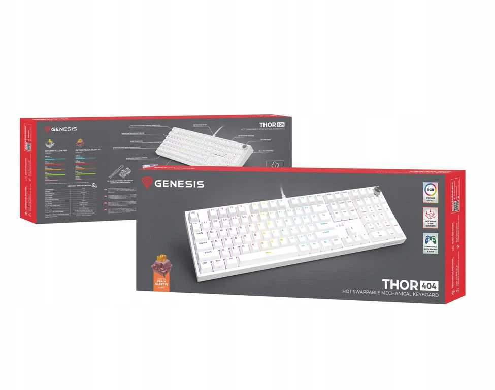 Klaviatūra žaidimams Genesis Thor 404 TKL Outemu Silent Peach su laidu mechaninė su pašvietimu balta