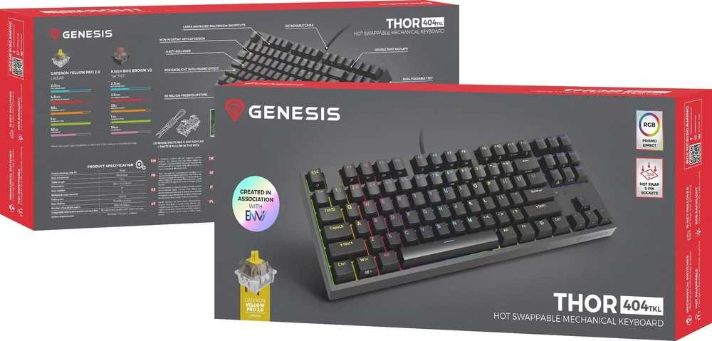 Genesis | THOR 404 TKL | Mechaninė klaviatūra žaidimams | su laidu | US | Gateron Geltona Pro | Juodas | RGB