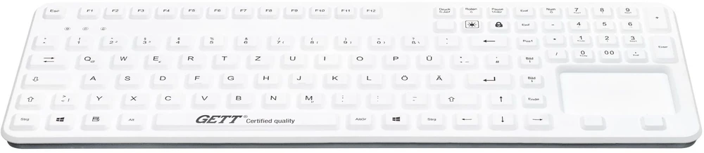 Klaviatūra Gett GETT GCQ Cleantype Prime Panel+ Silikonowa klaviatūra Montuojama su podświetleniem, touchpadem i blokiem NUM IP65 USB Kolor: balta Układ: DE