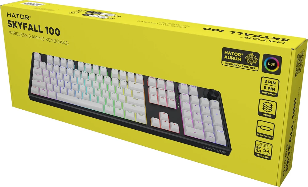 Klaviatūra žaidimams Hator Skyfall 100 HATOR Aurum Lemon linear belaidė mechaninė su pašvietimu balta ir-juoda