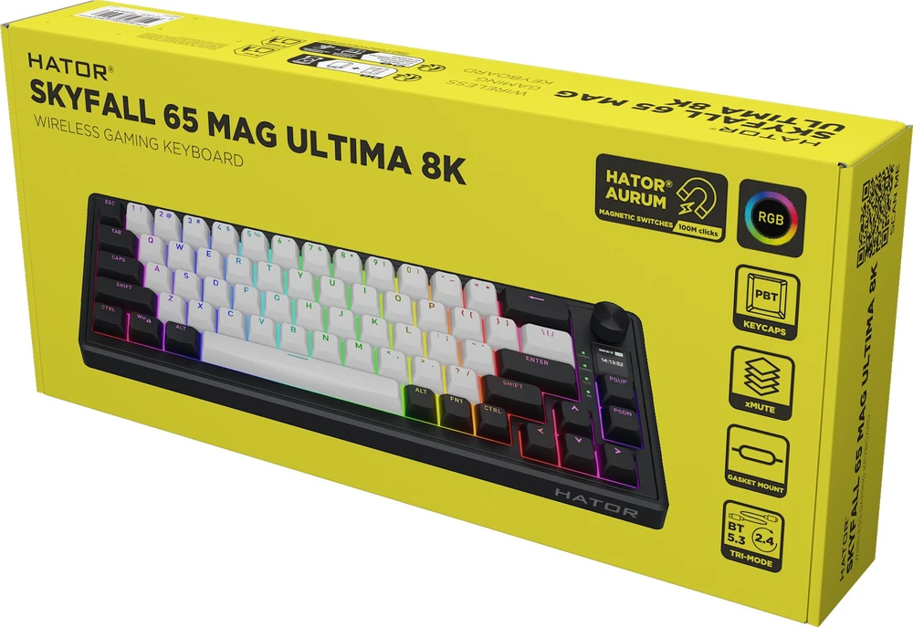 Klaviatūra žaidimams Hator Skyfall 65 HATOR Aurum Ice Magnetic linear belaidė magnetyczno-mechaninė su pašvietimu balta ir-juoda