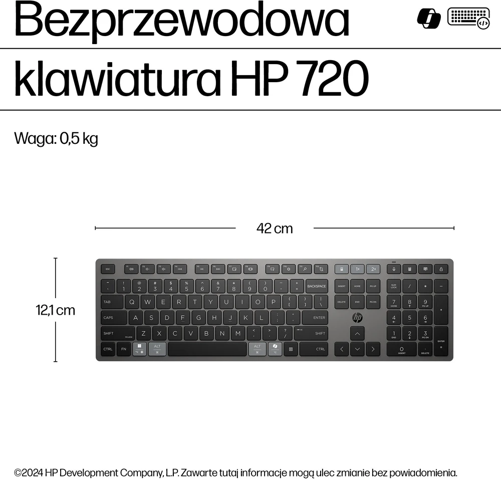 HP 720 Įkraunama belaidė klaviatūra, skirta įvairiems įrenginiams, pilno dydžio (100 %), belaidė, USB + „Bluetooth“, mechaninė, QWERTY, juoda