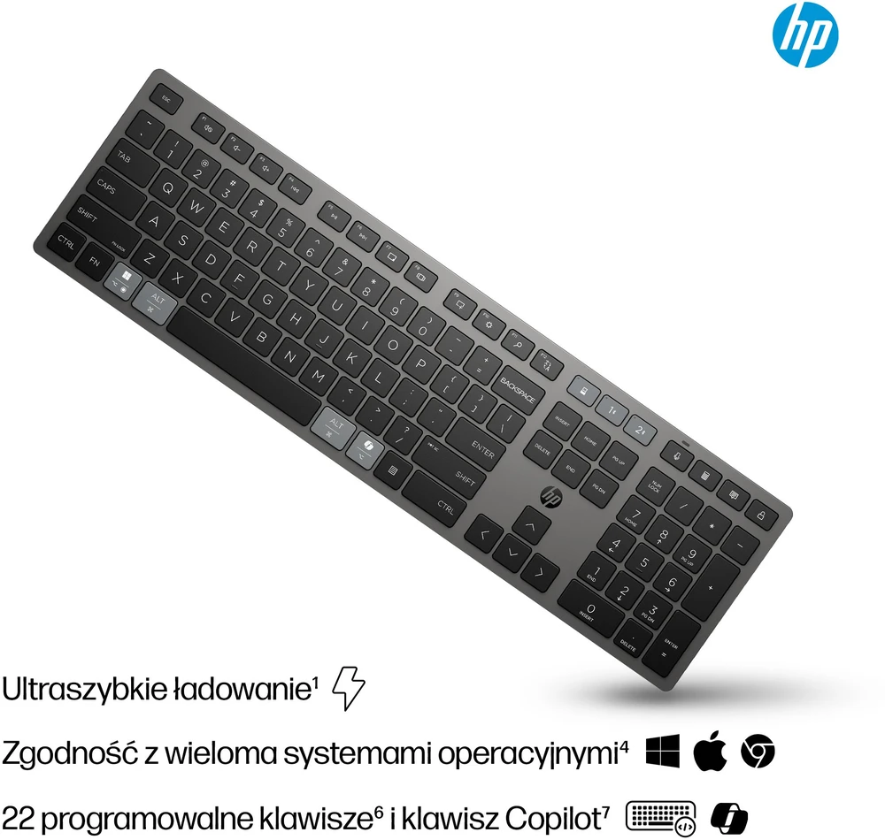 HP 720 Įkraunama belaidė klaviatūra, skirta įvairiems įrenginiams, pilno dydžio (100 %), belaidė, USB + „Bluetooth“, mechaninė, QWERTY, juoda