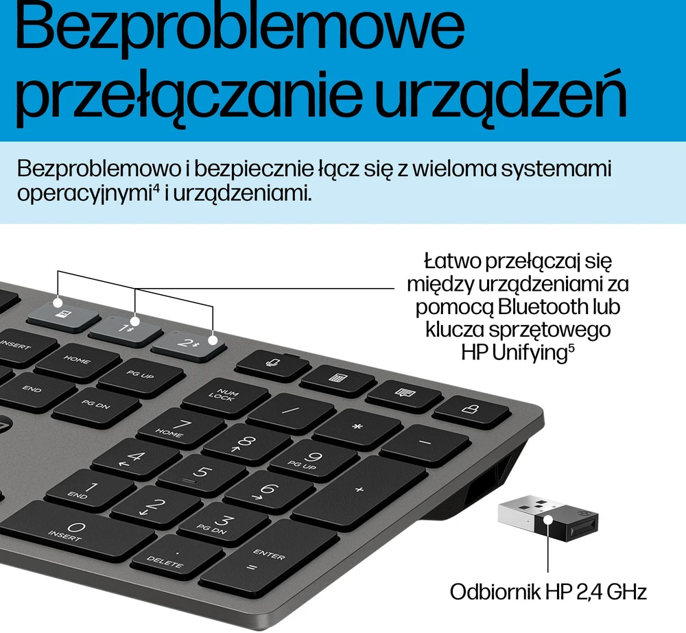HP 720 Įkraunama belaidė klaviatūra, skirta įvairiems įrenginiams, pilno dydžio (100 %), belaidė, USB + „Bluetooth“, mechaninė, QWERTY, juoda