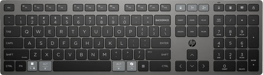 HP 725 daugiafunkcė įkraunama belaidė klaviatūra, viso dydžio (100%), belaidė, RF belaidė + Bluetooth, juoda