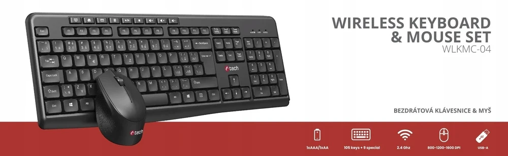 Klaviatūra ir pelė C-Tech WLKMC-04 Bezprzewodowy komplektas 2.4GHz Układ CZ Juodas