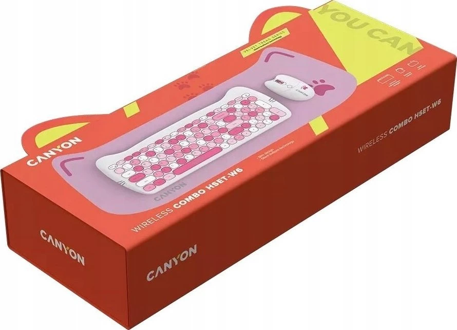 CANYON HSET-W6 EN Klaviatūra ir pelė Kitty Edition AAA+АА Wireless Rožinė