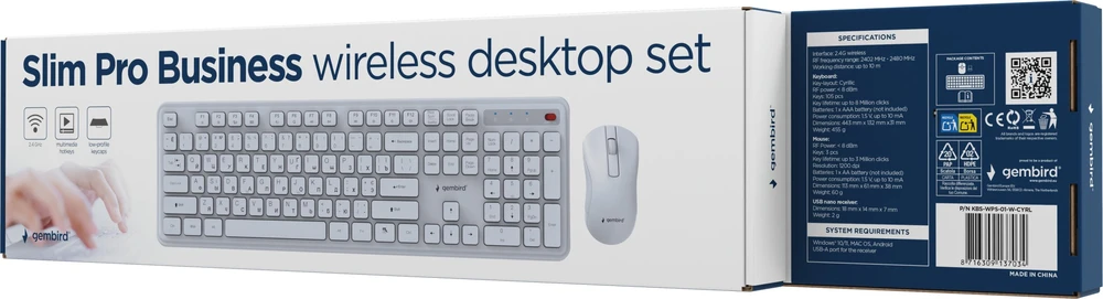 Gembird komplektas belaidis klaviatūra + pelė, Slim Pro Business na biurko,balta, układ RU