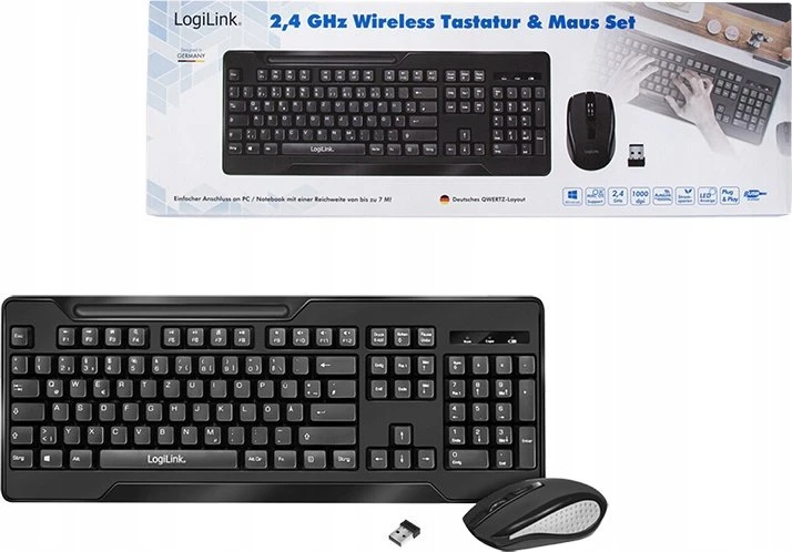 Klaviatūra ir pelė LogiLink 2,4GHz Funk ComboSet 1000DPI Juodas (ID0194)
