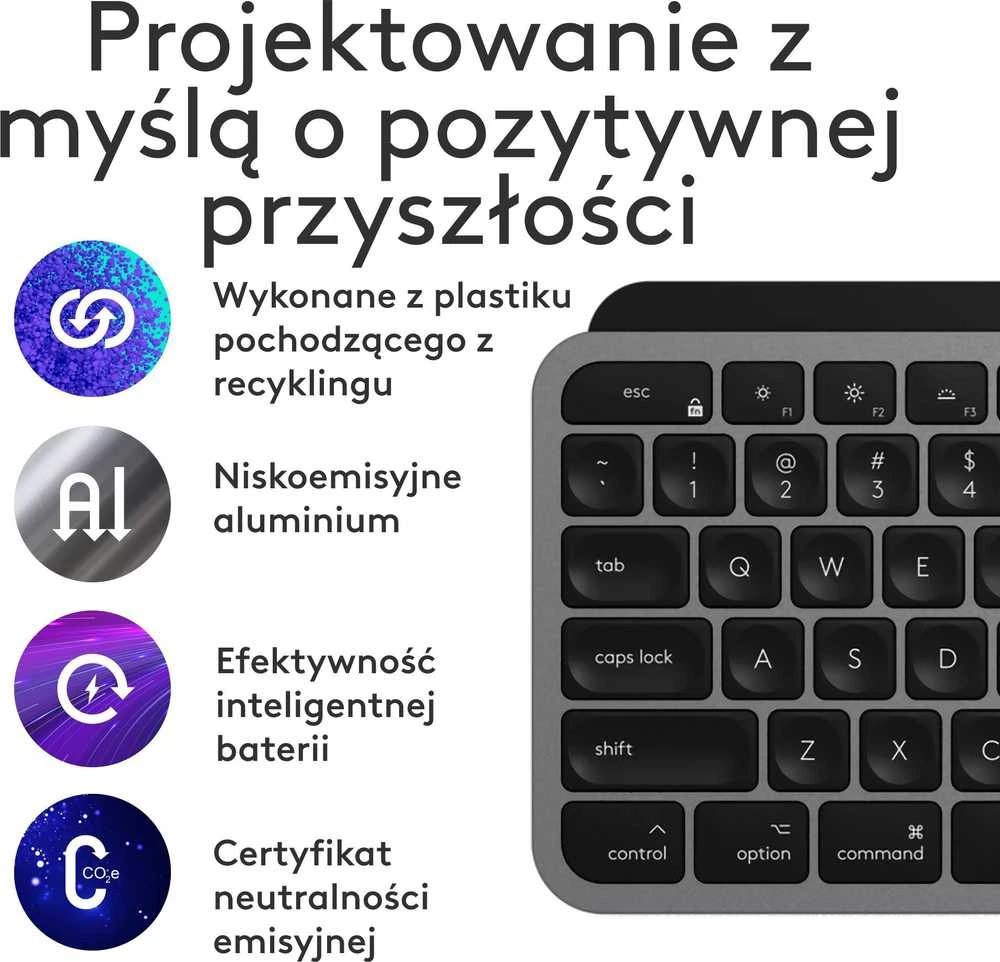 Belaidė klaviatūra „Klaviatūra Logitech MX Keys S Combo“, skirta „Mac“, 100 % (pilno dydžio), grafito spalvos su foniniu apšvietimu