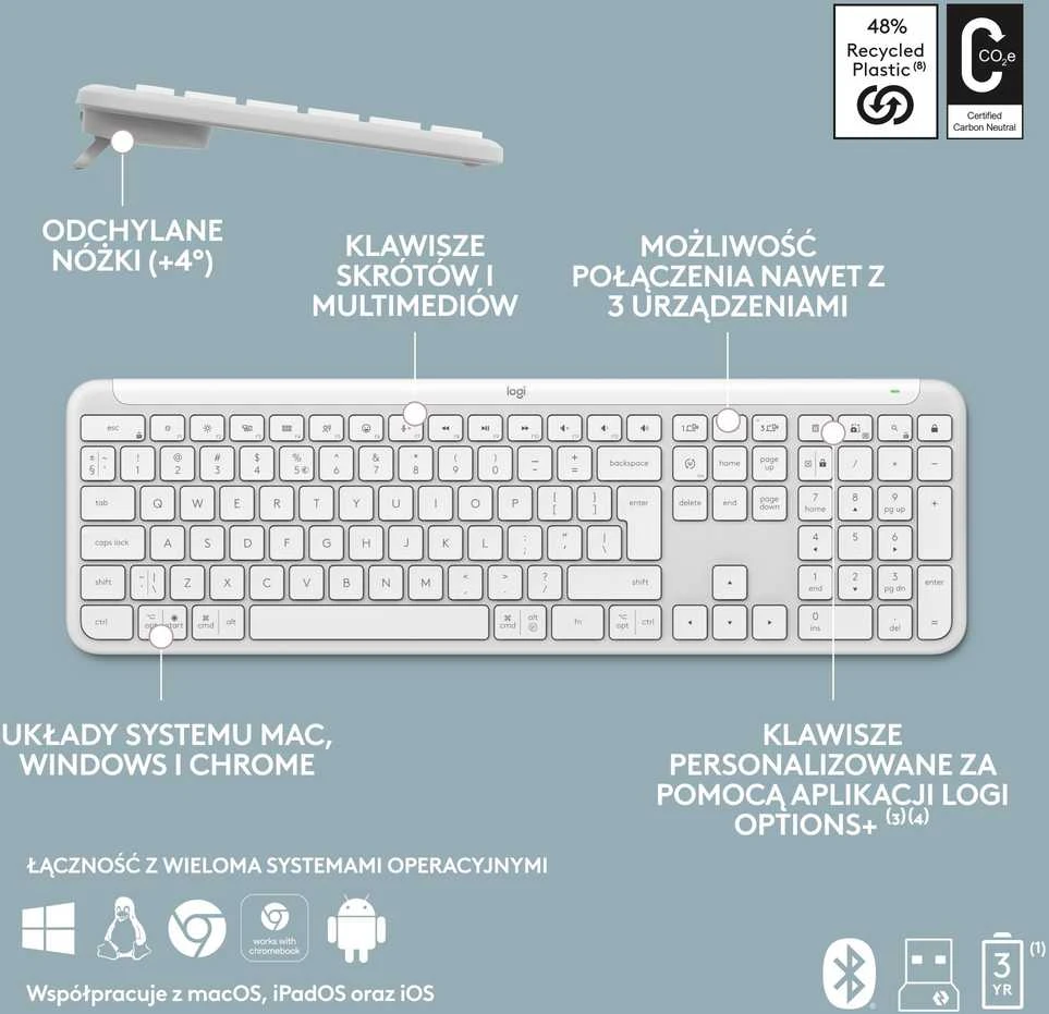 Klaviatūra ir pelė Logitech Signature Slim MK950, Balta