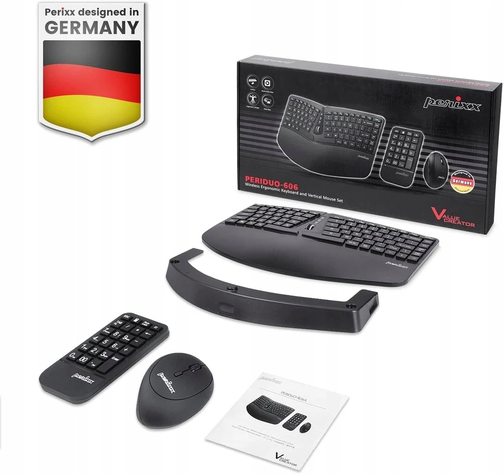 Klaviatūra ir pelė Perixx Perixx PERIDUO-606A DE, 3-in-1 klaviatūra and pelė set, wireless, ergon., juodas