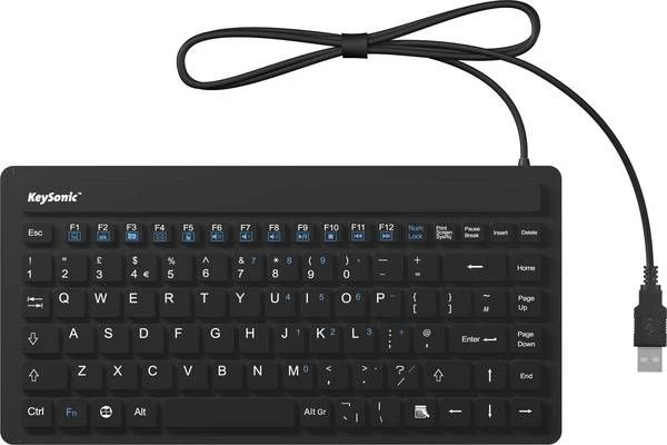 Keysonic KSK-3230 IN Klaviatūra, Antimikrobinė silikoninė apsauga; 100 % atsparus vandeniui, atitinka IP68 standartą; Atsparus spausdinimas apsaugo klavišus nuo blukimo, Anglų kalba, su laidomis, Juodas