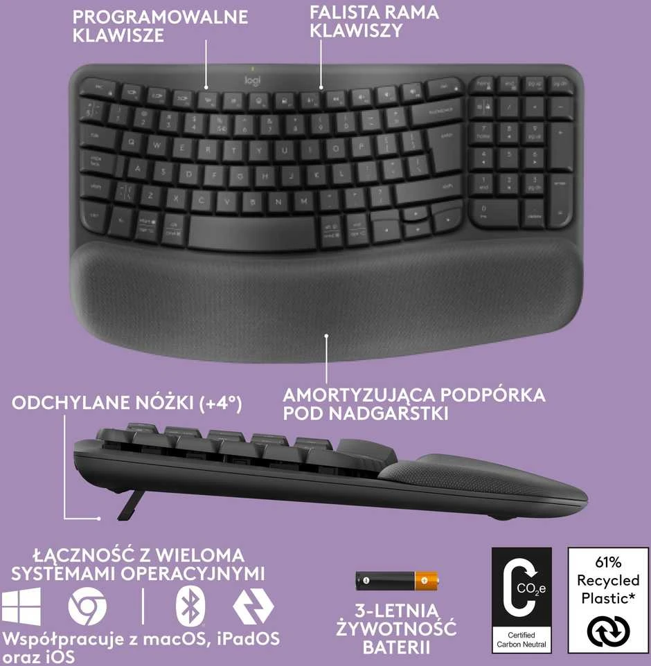 Logitech Wave Keys Belaidė klaviatūra, RF belaidė + Bluetooth, US Int + UKR, Graphite