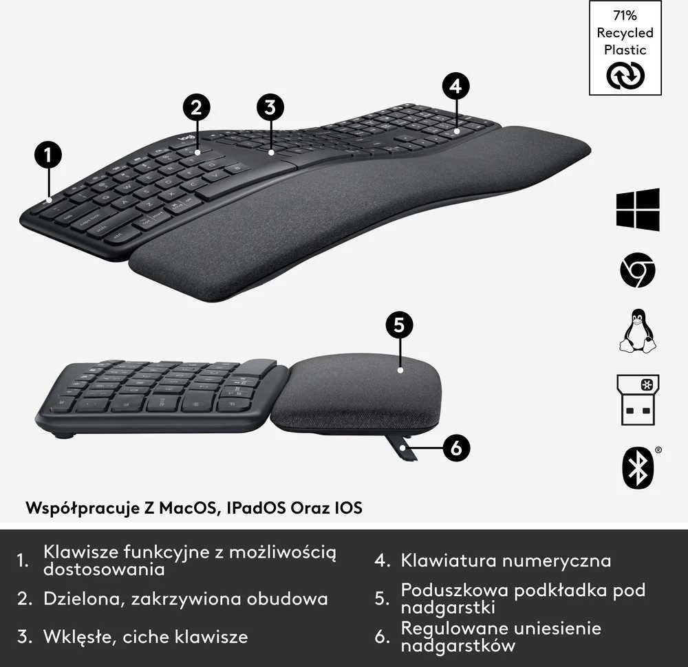Logitech ERGO K860 belaidė klaviatūra, grafito spalvos, JAV tarptautinis išdėstymas (Qwerty)