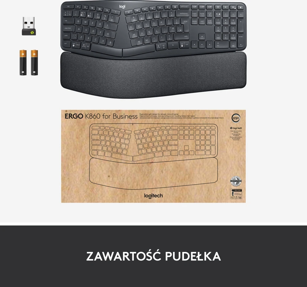 Logitech ERGO K860 SPLIT belaidė klaviatūra verslui, grafito spalvos, JAV tarptautinis išdėstymas (Qwerty)