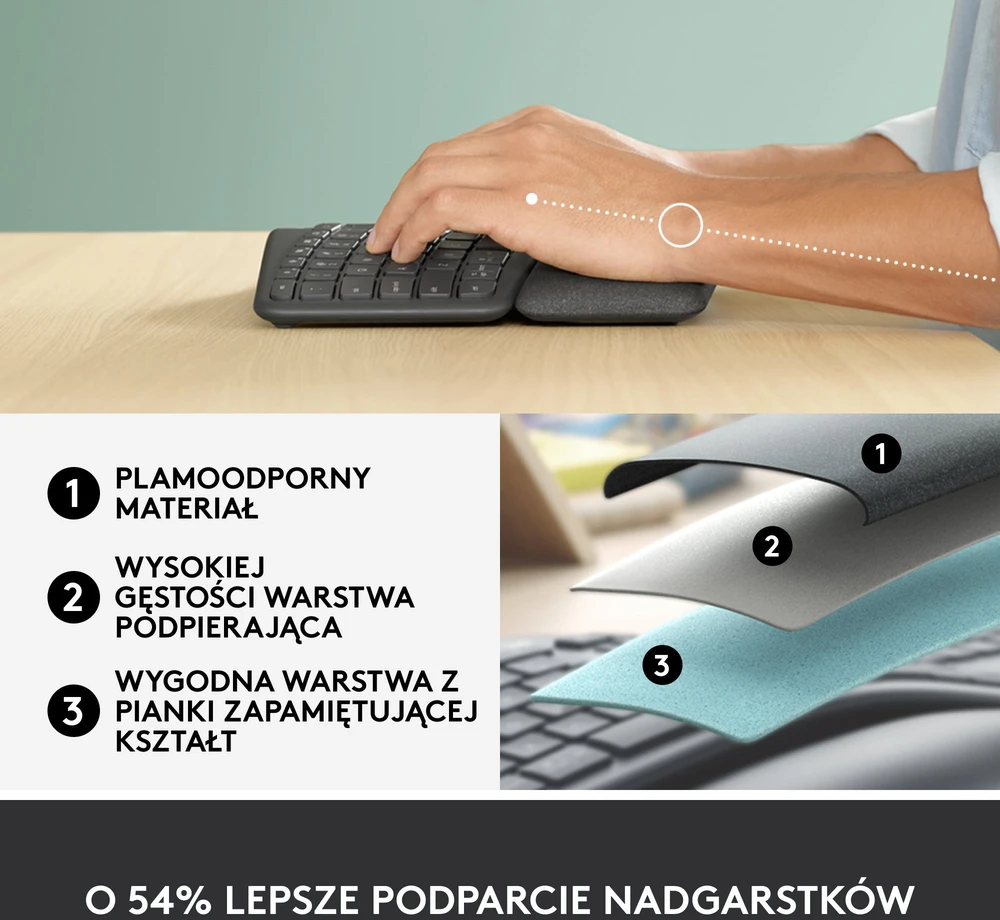 Logitech ERGO K860 SPLIT belaidė klaviatūra verslui, grafito spalvos, JAV tarptautinis išdėstymas (Qwerty)
