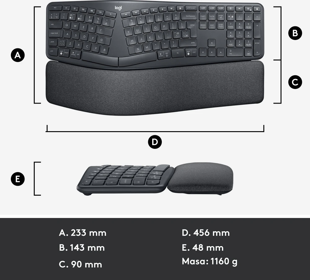 Logitech ERGO K860 SPLIT belaidė klaviatūra verslui, grafito spalvos, JAV tarptautinis išdėstymas (Qwerty)