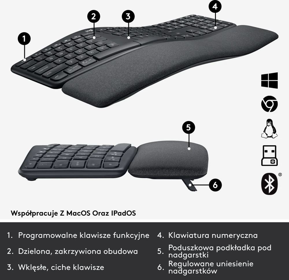 Logitech ERGO K860 SPLIT belaidė klaviatūra verslui, grafito spalvos, JAV tarptautinis išdėstymas (Qwerty)