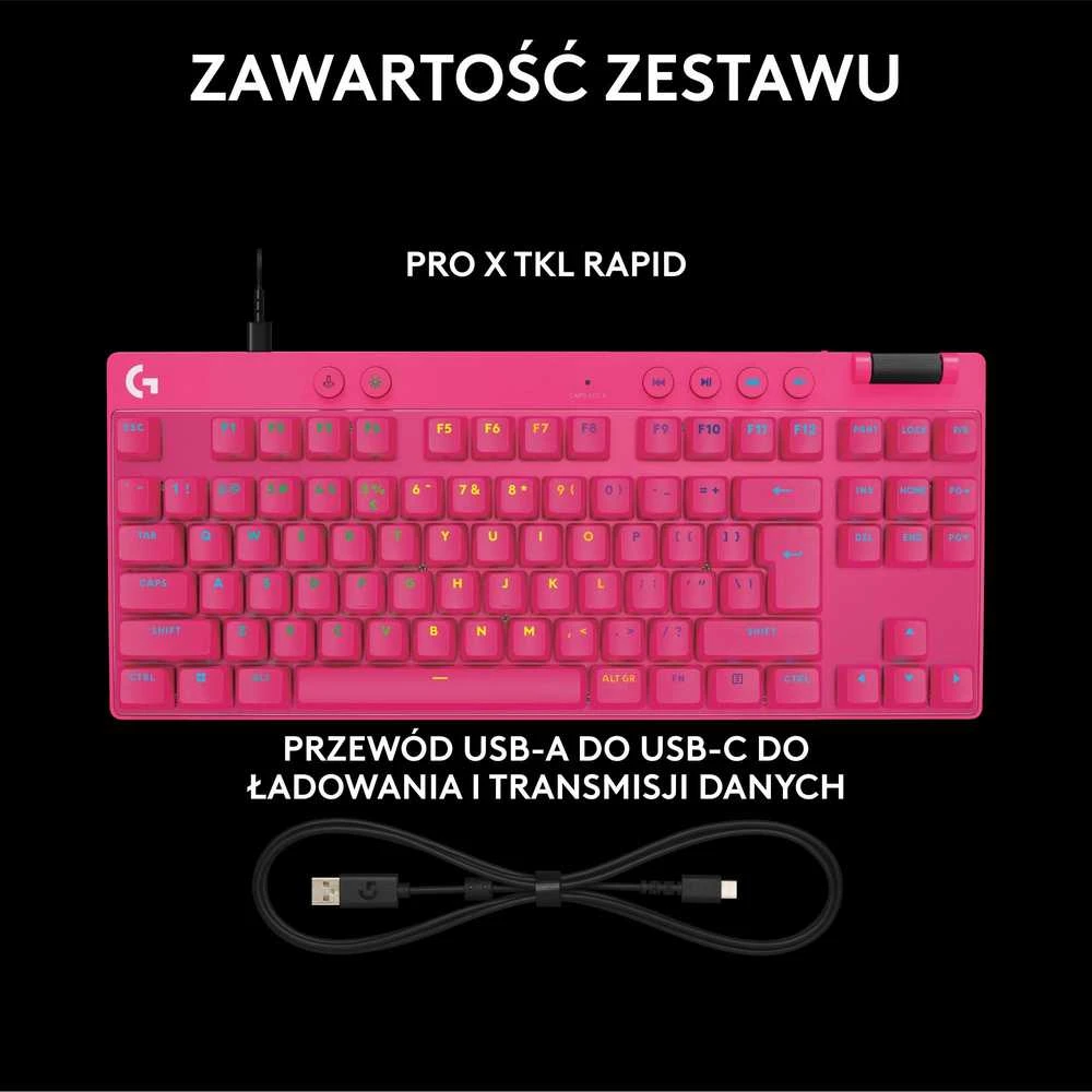 Klaviatūra žaidimams Logitech G Pro X TKL Rapid Magenta su laidu magnetyczno-analogowe su pašvietimu rožinė