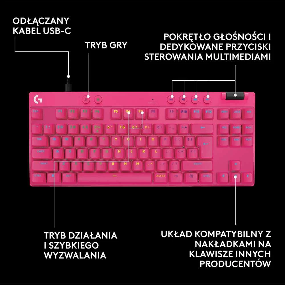 Klaviatūra žaidimams Logitech G Pro X TKL Rapid Magenta su laidu magnetyczno-analogowe su pašvietimu rožinė