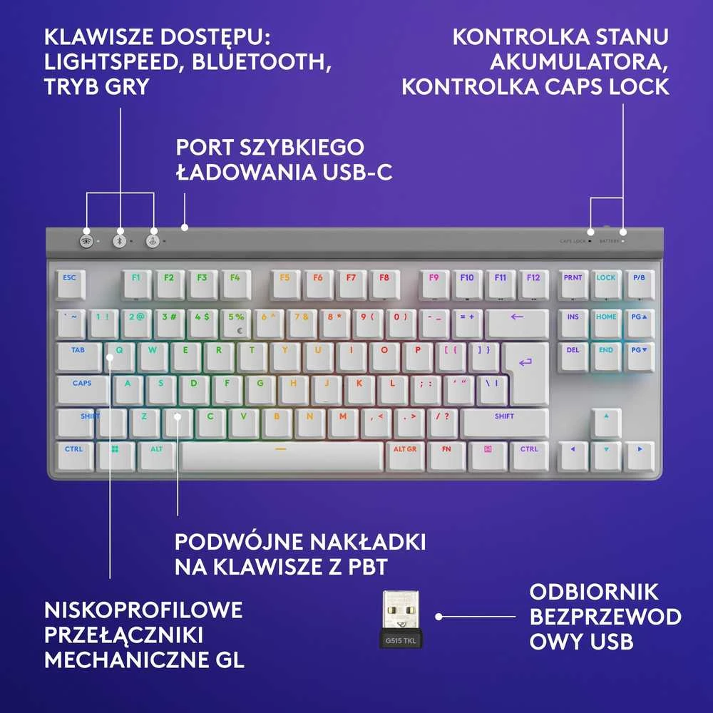 Belaidė žaidimų klaviatūra Logitech G515 LIGHTSPEED TKL Wireless Gaming, Baltos spalvos, Išdėstymas: US tarptautinis (Qwerty)