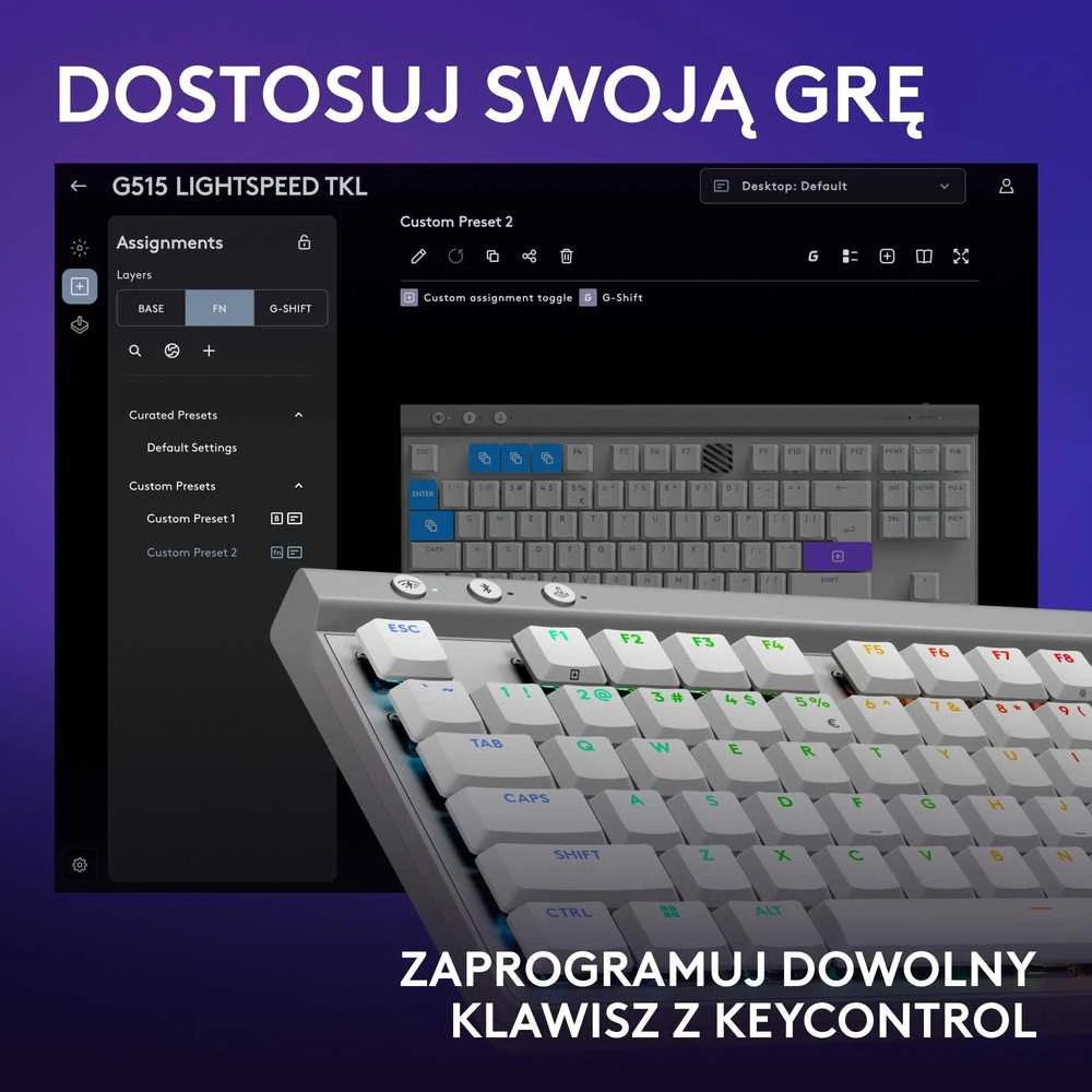 Belaidė žaidimų klaviatūra Logitech G515 LIGHTSPEED TKL Wireless Gaming, Baltos spalvos, Išdėstymas: US tarptautinis (Qwerty)