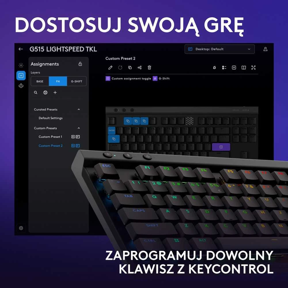 Belaidė žaidimų klaviatūra Logitech G515 LIGHTSPEED TKL Wireless Gaming, Juodos spalvos, Išdėstymas: US tarptautinis (Qwerty)