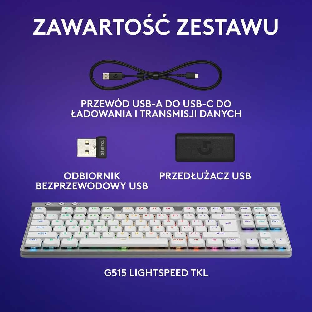 Belaidė žaidimų klaviatūra Logitech G515 LIGHTSPEED TKL Wireless Gaming, Baltos spalvos, Išdėstymas: US tarptautinis (Qwerty)