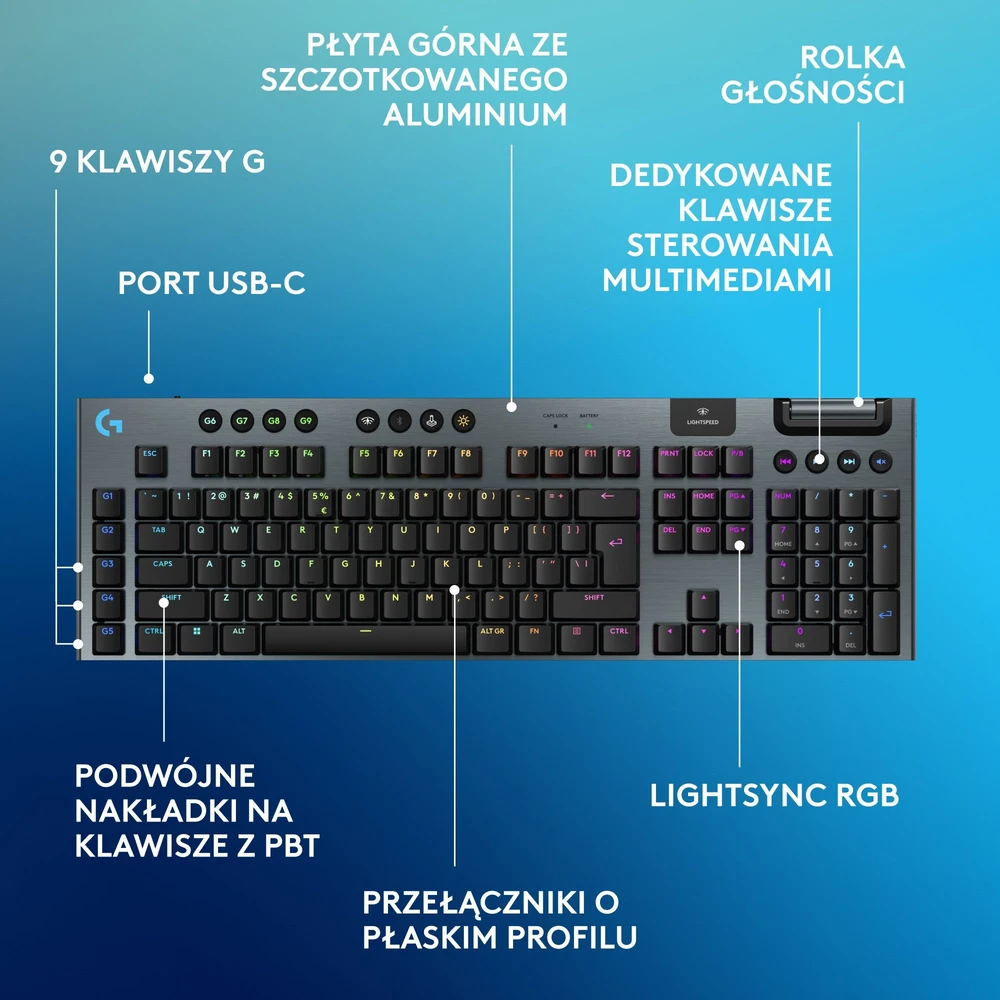 Klaviatūra žaidimams Logitech G915 X Tactile Logitech GL (sprężynujące) belaidė mechaninė su pašvietimu juoda