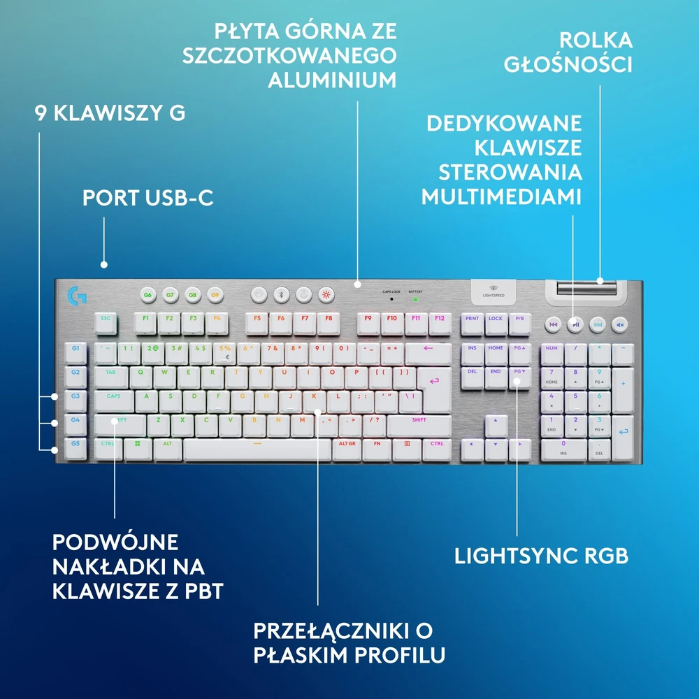 Logitech G915 X Lightspeed belaidė mechaninė klaviatūra | US, TACTILE SWITCHES | Balta