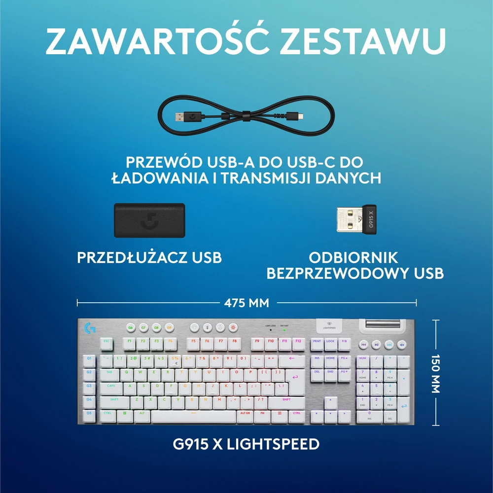 Logitech G915 X Lightspeed belaidė mechaninė klaviatūra | US, TACTILE SWITCHES | Balta
