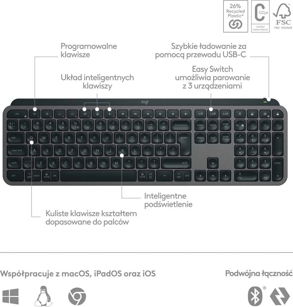 Belaidė klaviatūra Logitech MX Keys S, Išdėstymas: US (Qwerty)