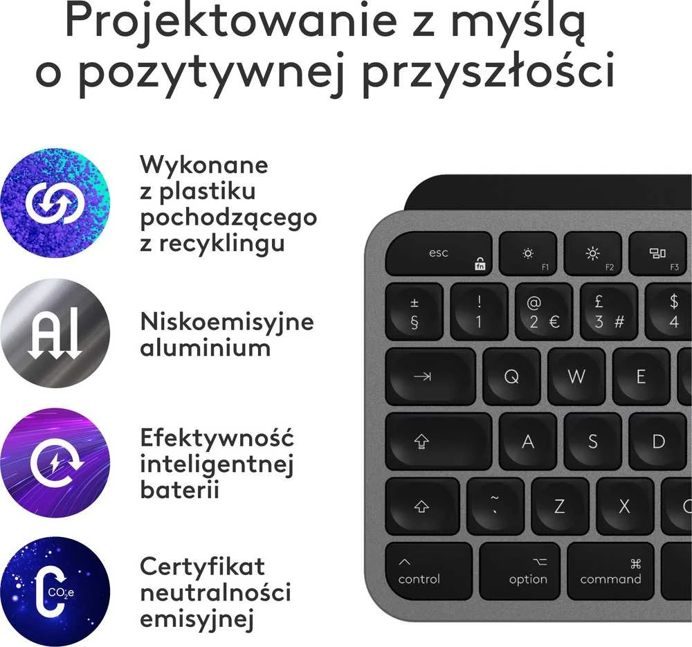 Belaidė klaviatūra „Logitech MX Keys S for Mac“, 100 % (pilno dydžio), grafito spalvos su foniniu apšvietimu
