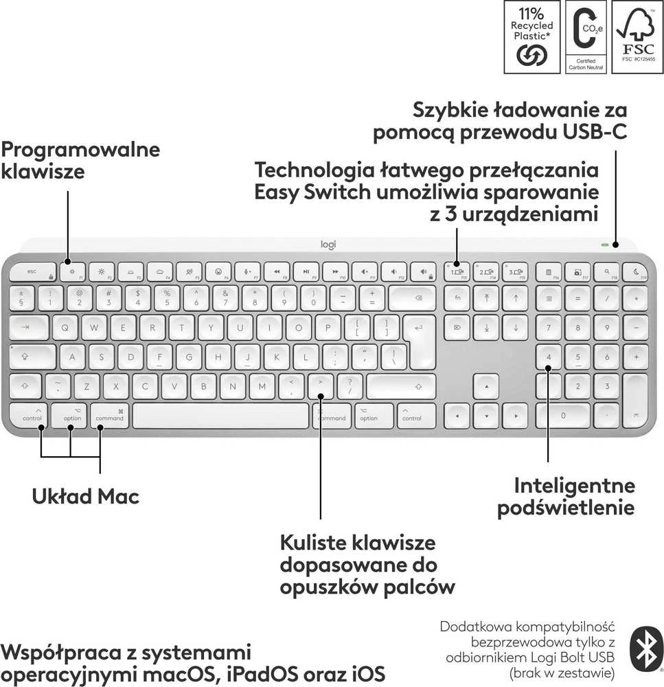 Klaviatūra Logitech MX Keys S for Mac belaidė 100% (full-size) su pašvietimu pilka