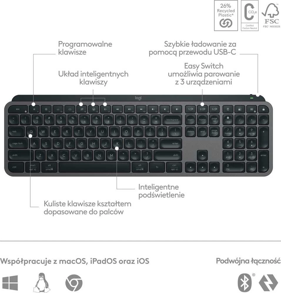 Belaidė šviečianti klaviatūra Logitech MX Keys S PLUS, Grafito spalvos su atrama delnams