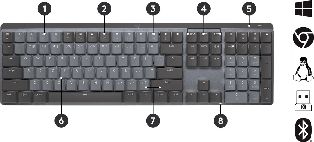 Belaidė klaviatūra Logitech MX MECHANICAL, išdėstymas: Šveicarų (Qwertz),"Tactile Quiet", pilkos spalvos