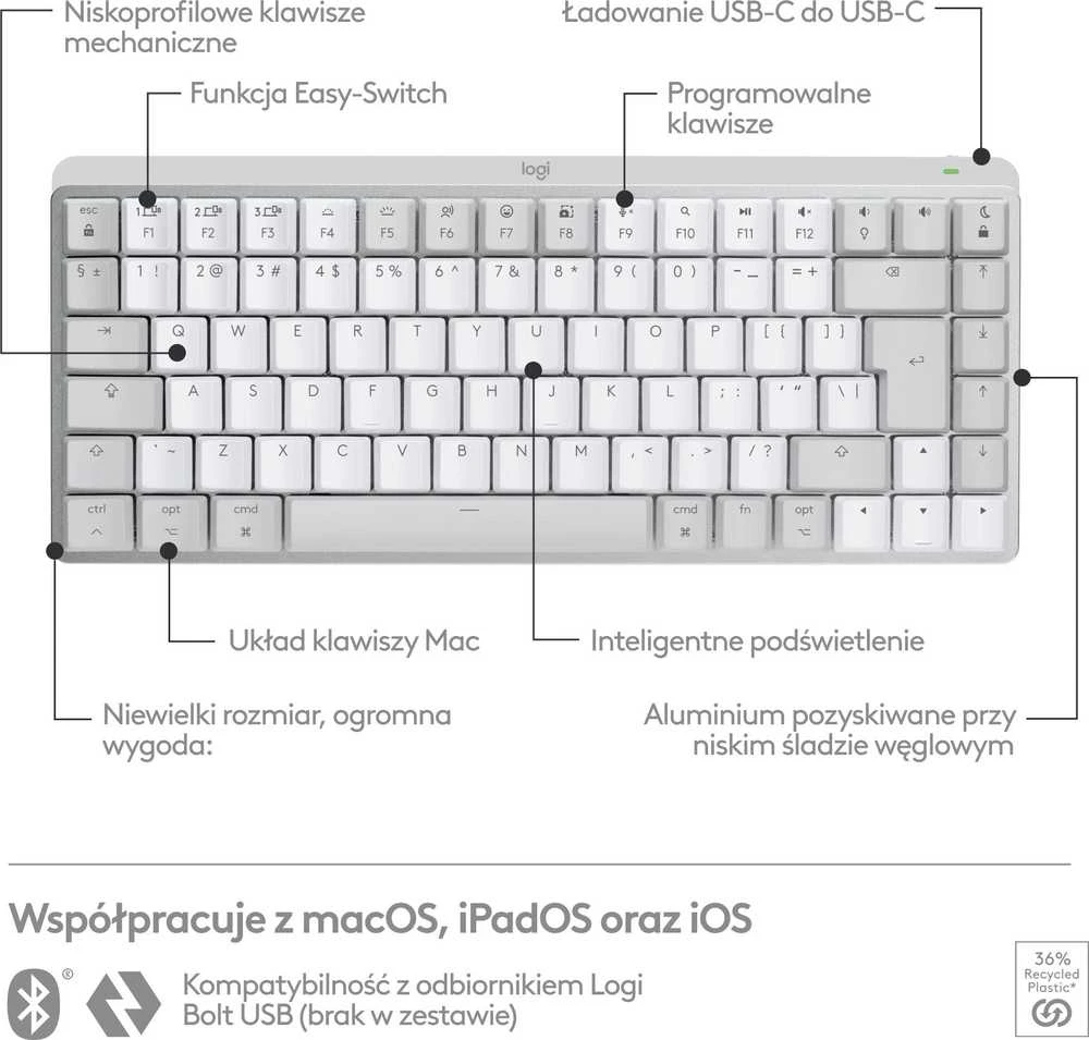 „LOGITECH MX Mechaninė Mini“, skirta MAC „Bluetooth“ apšviesta klaviatūra – PALE Pilkas – US INT'L – TACTILE
