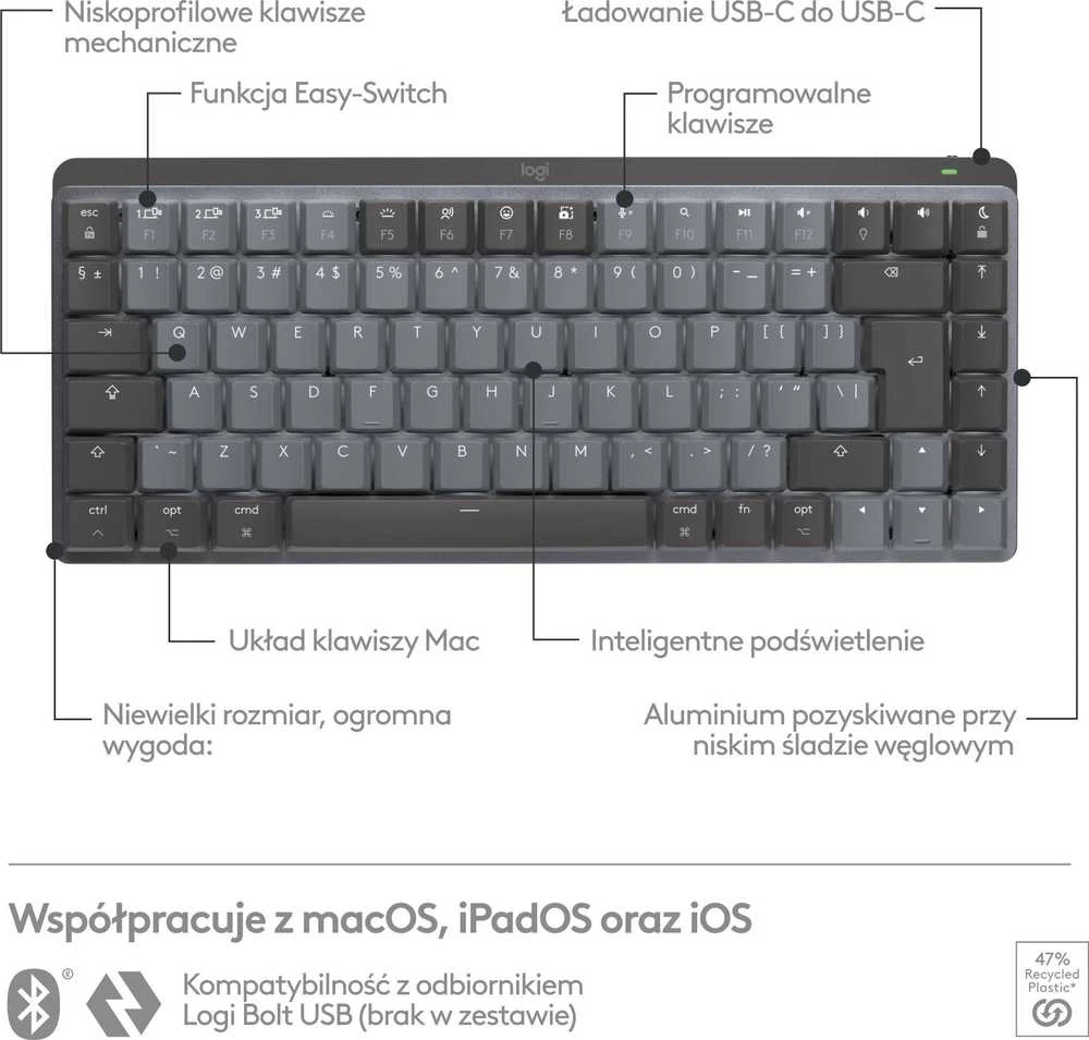 Klaviatūra Logitech MX Mechaninė Mini for Mac/ belaidė/ grafitas/ US