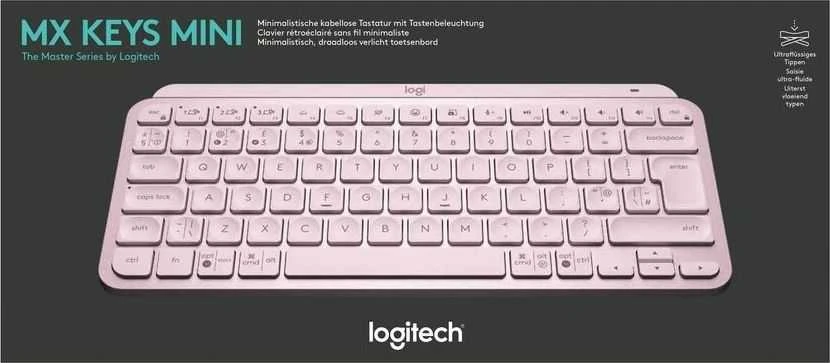 Minimalistinė Belaidė Klaviatūra su apašvietimu Logitech MX Keys Mini, Rožinės spalvos, US tarptautinis (Qwerty) išdėstymas