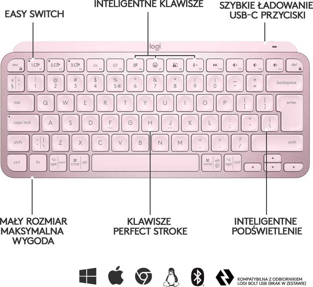 Minimalistinė Belaidė Klaviatūra su apašvietimu Logitech MX Keys Mini, Rožinės spalvos, US tarptautinis (Qwerty) išdėstymas