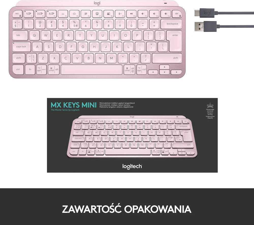 Minimalistinė Belaidė Klaviatūra su apašvietimu Logitech MX Keys Mini, Rožinės spalvos, US tarptautinis (Qwerty) išdėstymas