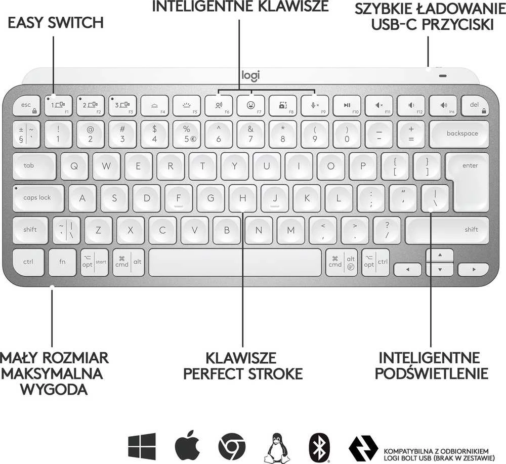 Minimalistinė Belaidė Klaviatūra su apašvietimu Logitech MX Keys Mini, Pilkos spalvos, US tarptautinis (Qwerty) išdėstymas
