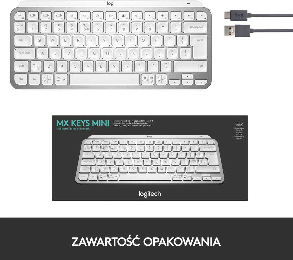 Minimalistinė Belaidė Klaviatūra su apašvietimu Logitech MX Keys Mini, Pilkos spalvos, US tarptautinis (Qwerty) išdėstymas