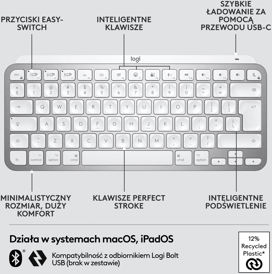 Belaidė klaviatūra Logitech MX Keys Mini skirta Mac, Blyškiai pilkos spalvos (US)